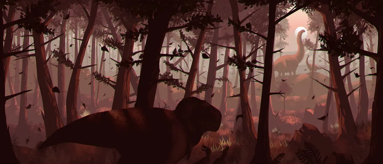 Artwork of dinosaurs in a wooded forest. The image is tinted red to reflect autumn colours.