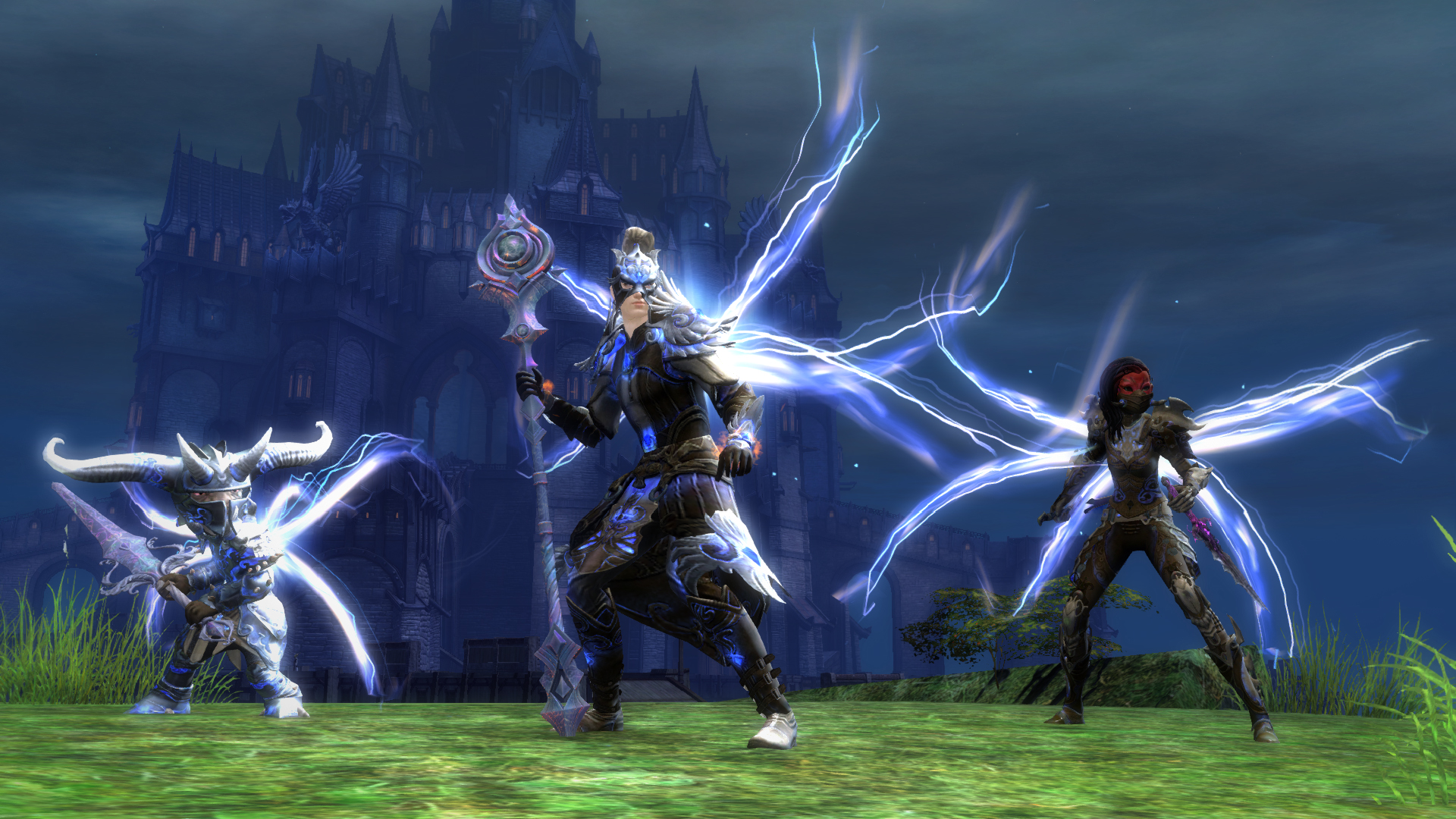 A screenshot of Guild Wars 2, depicting three players in the World versus World game mode