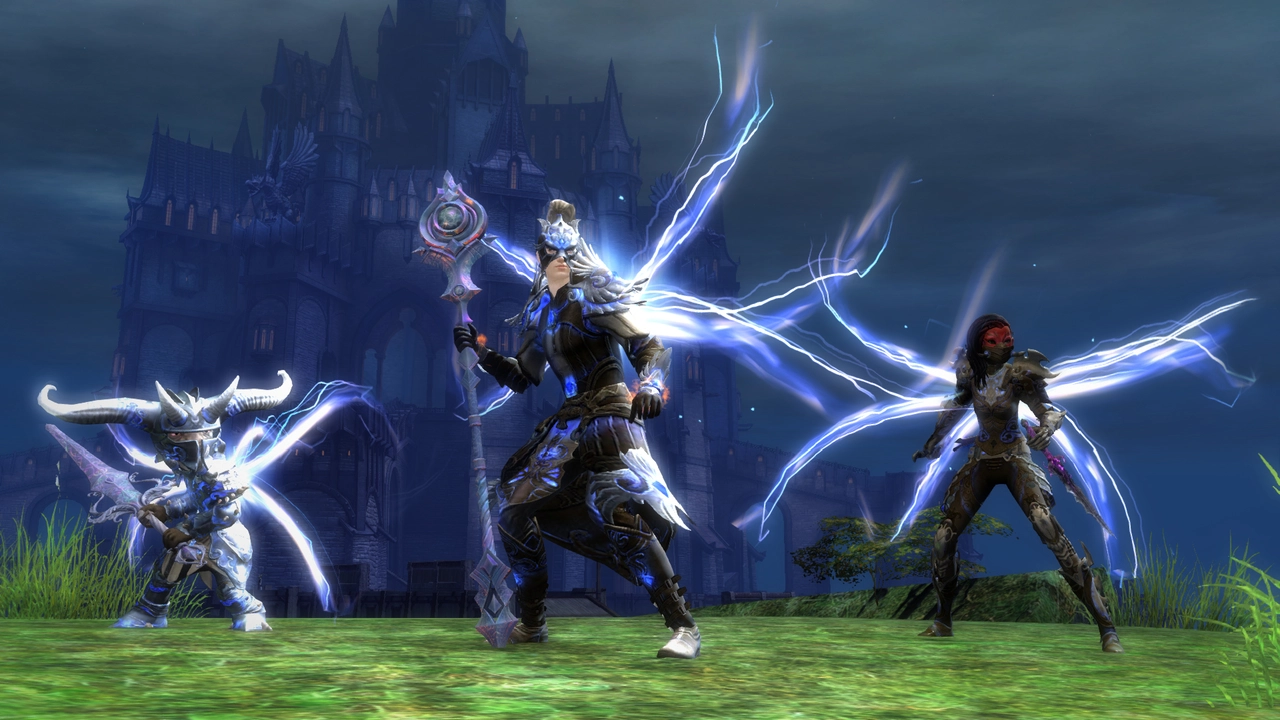 A screenshot of Guild Wars 2, depicting three player characters