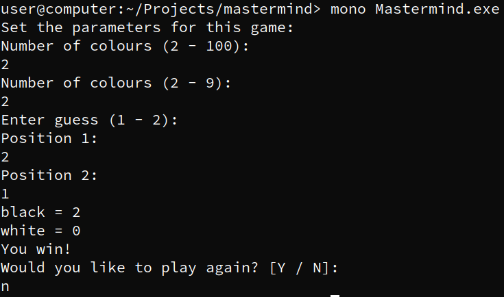Screenshot demonstration of playing Mastermind