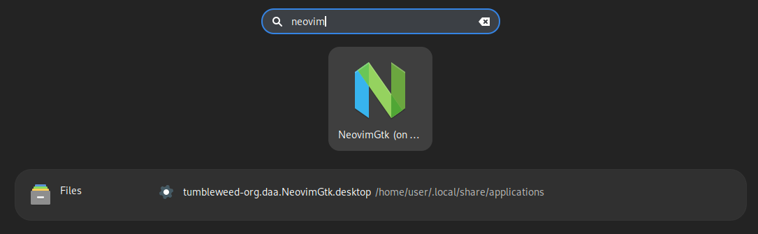 Screenshot of the GNOME applications list - the search box contains the word 'neovim'
