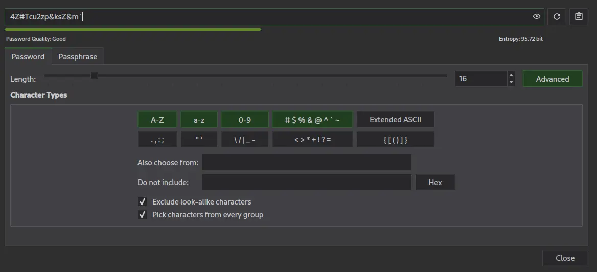 A screenshot of KeePassXC's Password Generator, showing Length and Character Types options.