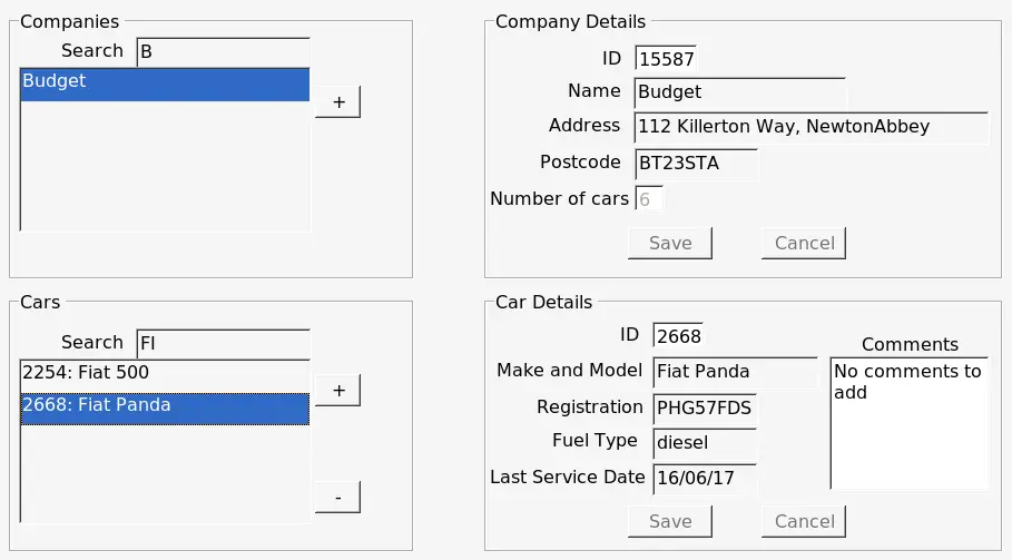 Screenshot demonstration of the search bar functionality in Hire Car Maintenance Inc